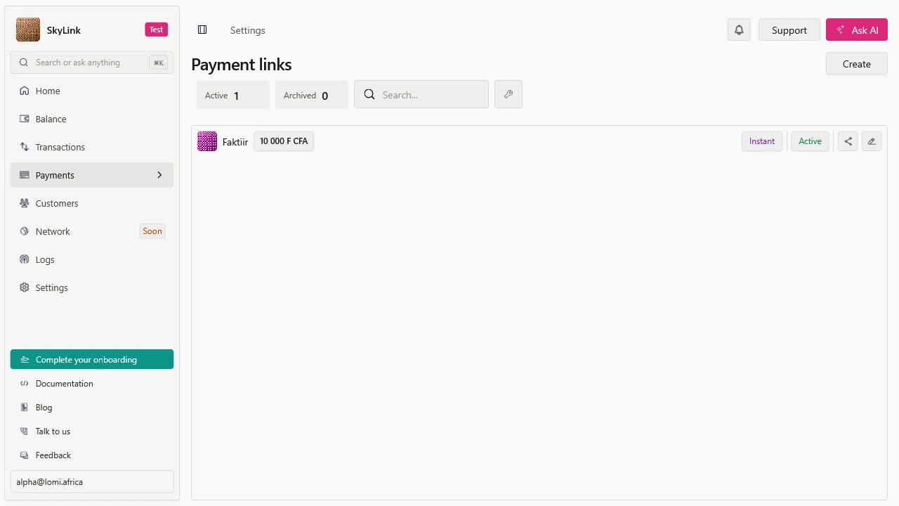 Liste des liens de paiement dans le tableau de bord lomi.