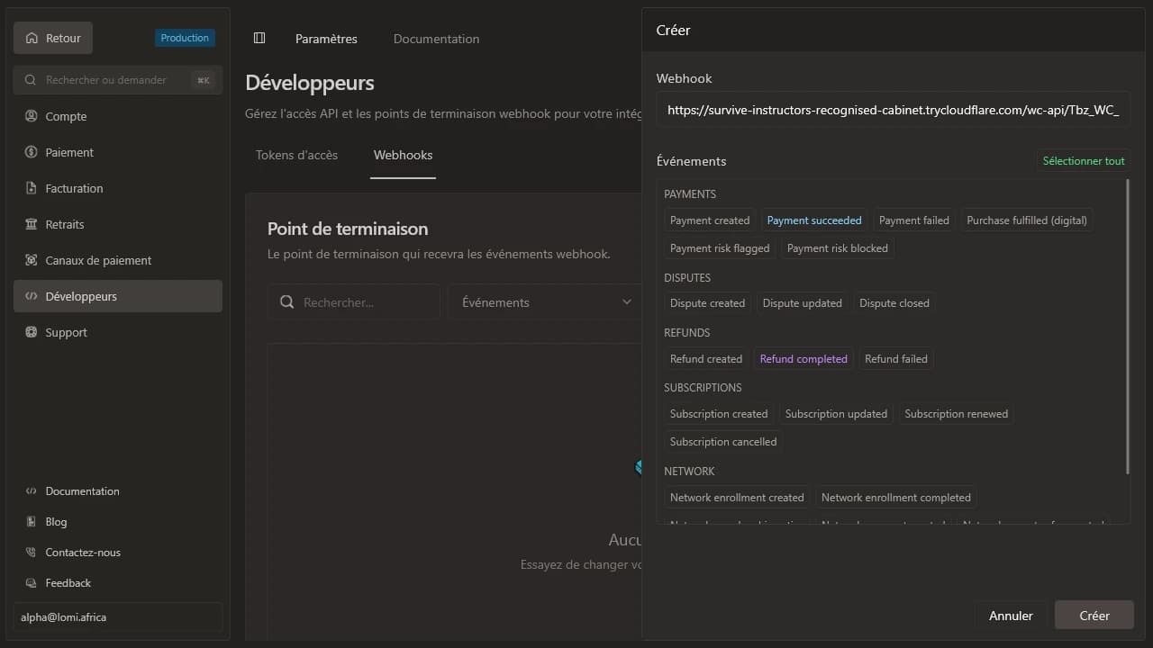 Endpoint webhook lomi. avec PAYMENT_SUCCEEDED activé