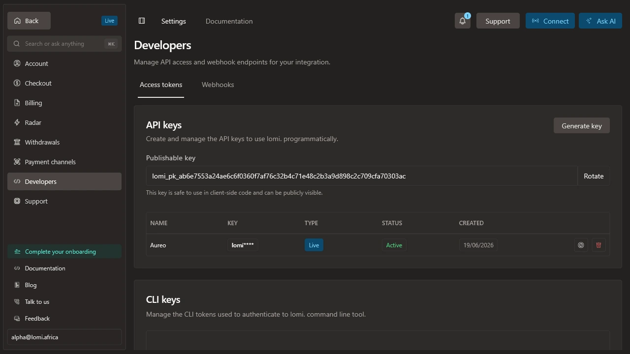 Clés API test et live dans les paramètres du tableau de bord