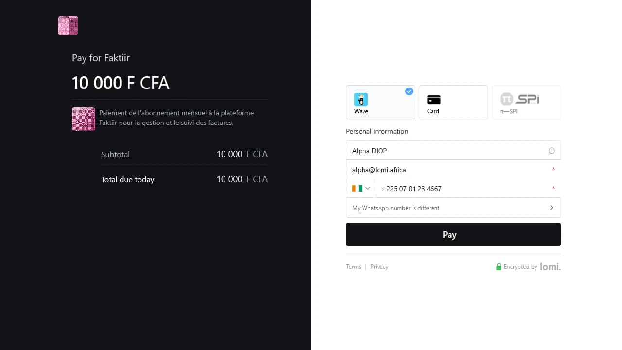 Page de paiement checkout hébergé lomi. en sandbox