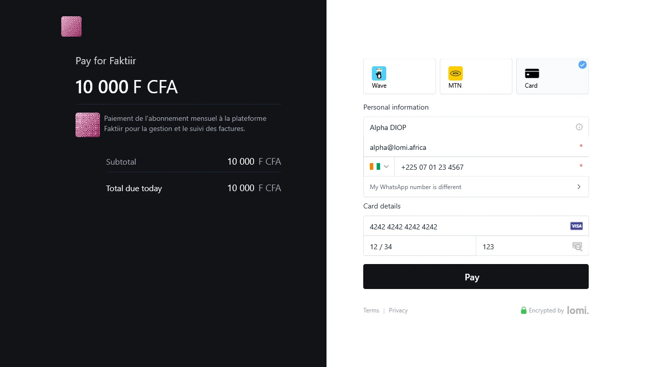 Formulaire carte sur le checkout hébergé lomi.